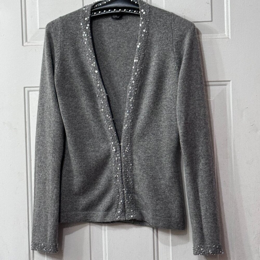 Robert Michaels Cashmere Sz S Cardigan Sweater Hook & Eye Gray Beaded